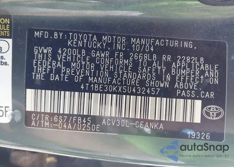 2005 Toyota Camry Le z USA, uszkodzony, nr VIN 4T1BE30KX5U432457